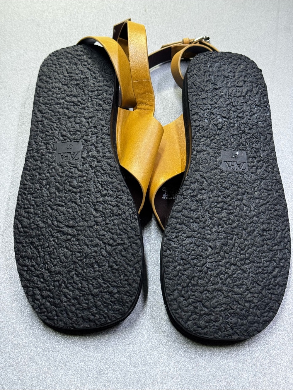 Zara Leather Flat Sandals Women EU 37 Brown Thong Square Toe Ankle Strap - Picture 8 of 9
